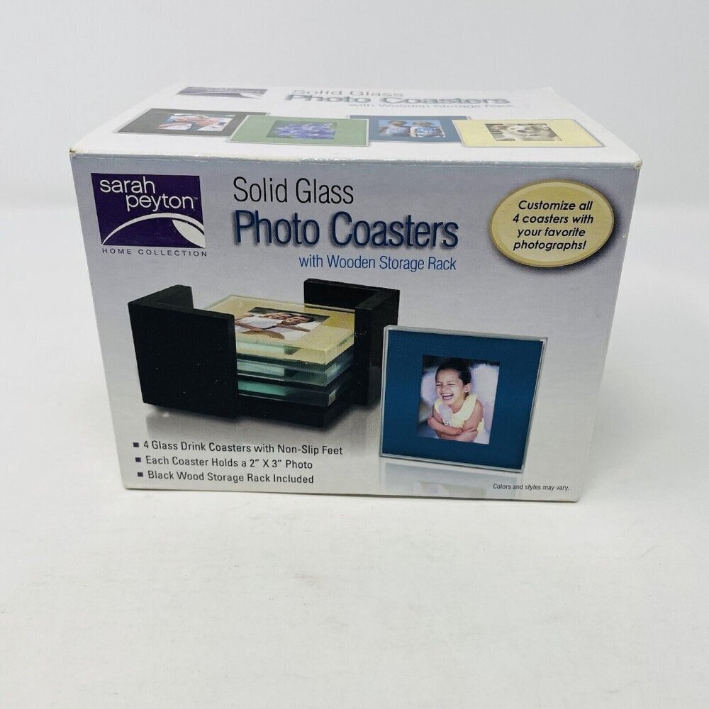Sarah Peyton 4 Pack of Solid Glass Photo Coasters with Wooden Storage Rack - Picture 4 of 7